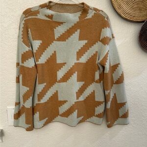 Anne Taylor blue and cream houndstooth print crewneck pullover sweater size M‎